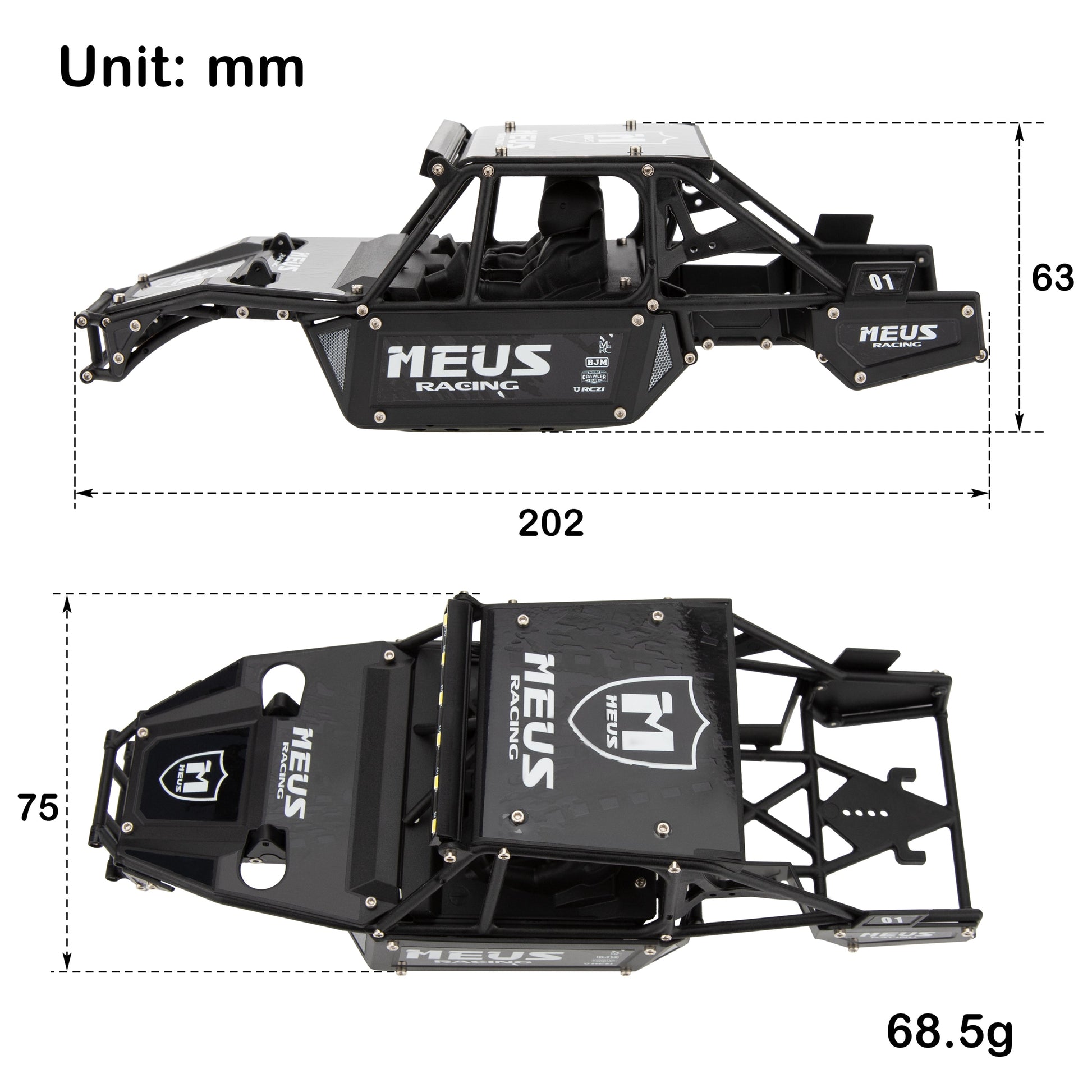 Black SCX24 Mantis Roll Cage Chassis Body Shell Size