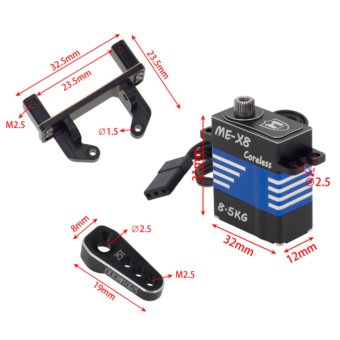 8.5KG Coreless High Torque Micro Servo with Adjustable Brass Servo Mount + Steering Horn for TRX4M