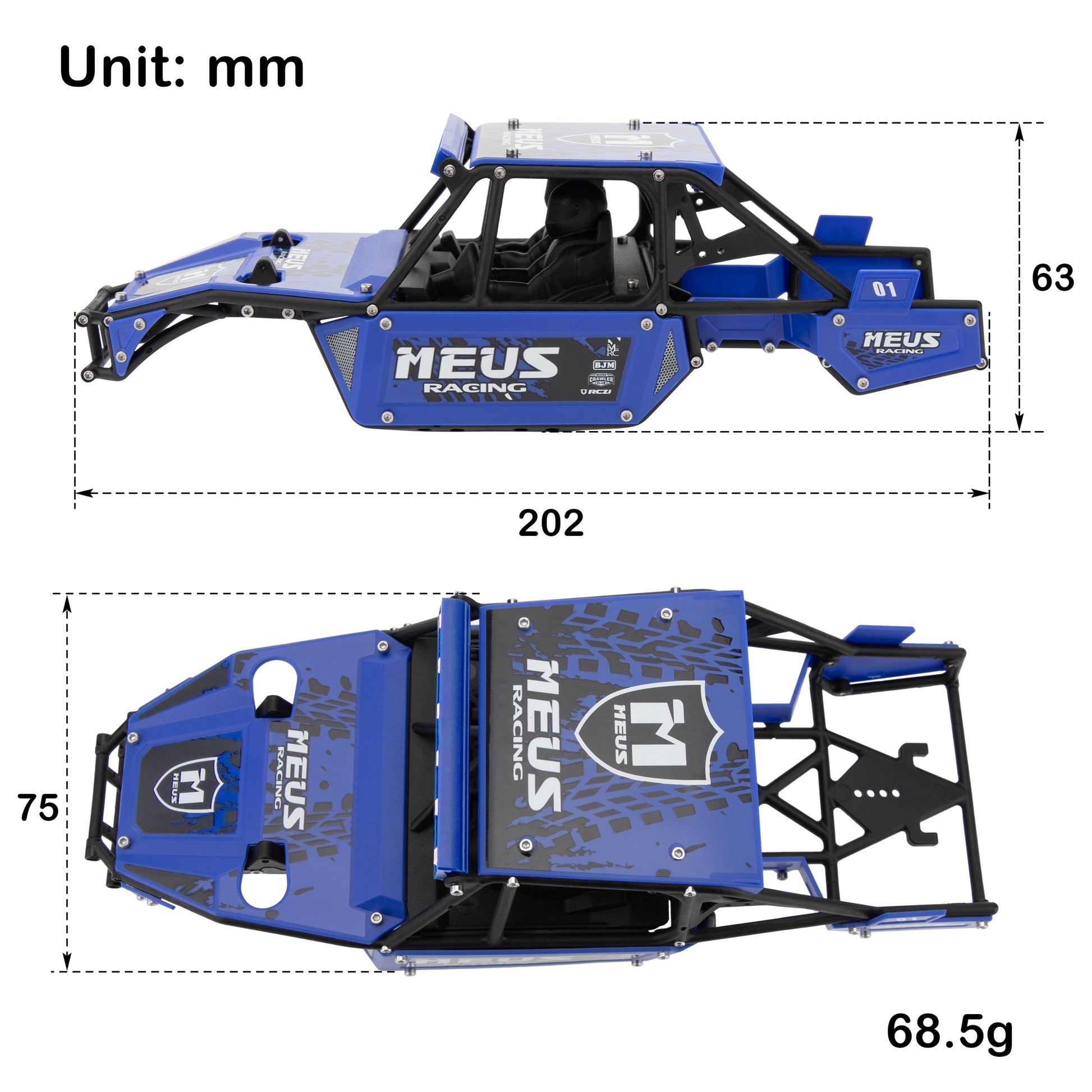 Blue SCX24 Mantis Roll Cage Chassis Body Shell Size
