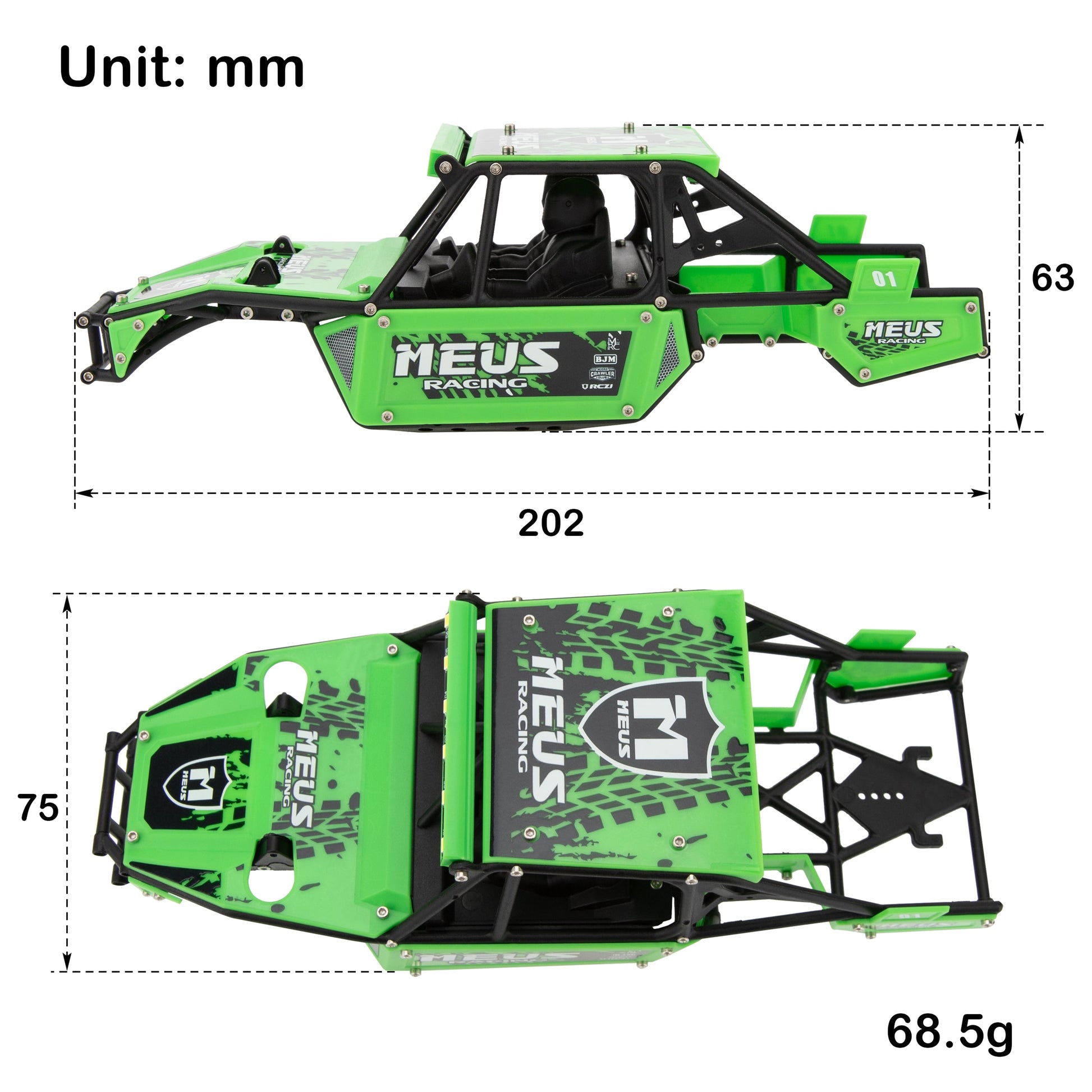 Green SCX24 Mantis Roll Cage Chassis Body Shell Size
