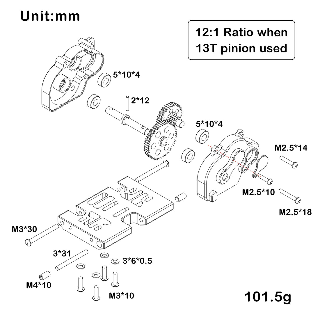 Black LCG 12:1 Ratio Metal Gearbox