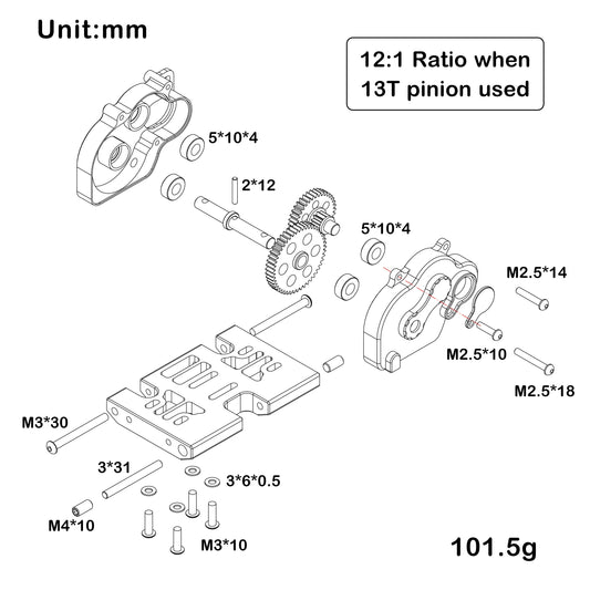 LCG 12:1 Ratio Metal Gearbox-explored view