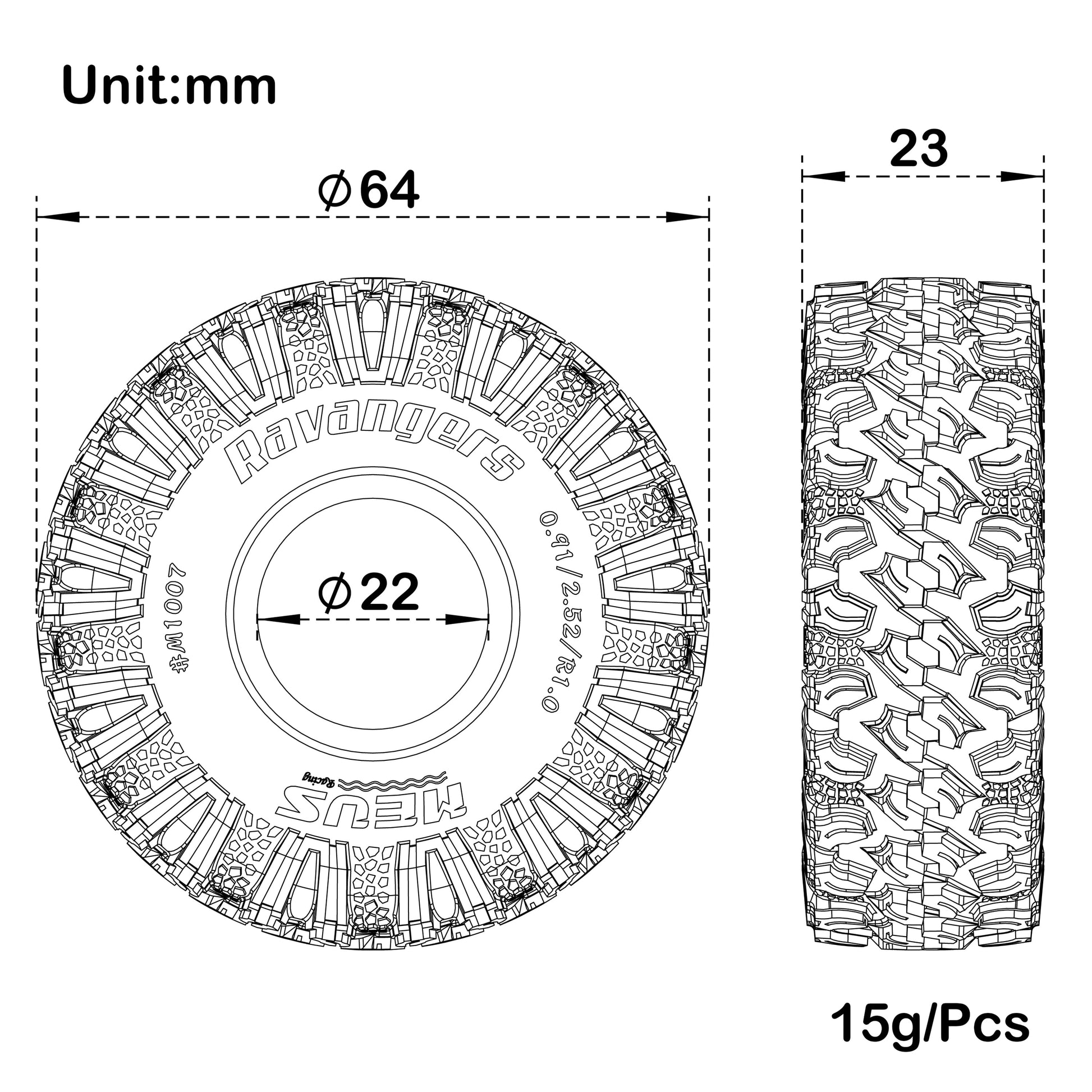 #M1007 1.0-inch RC Rubber Tires Size