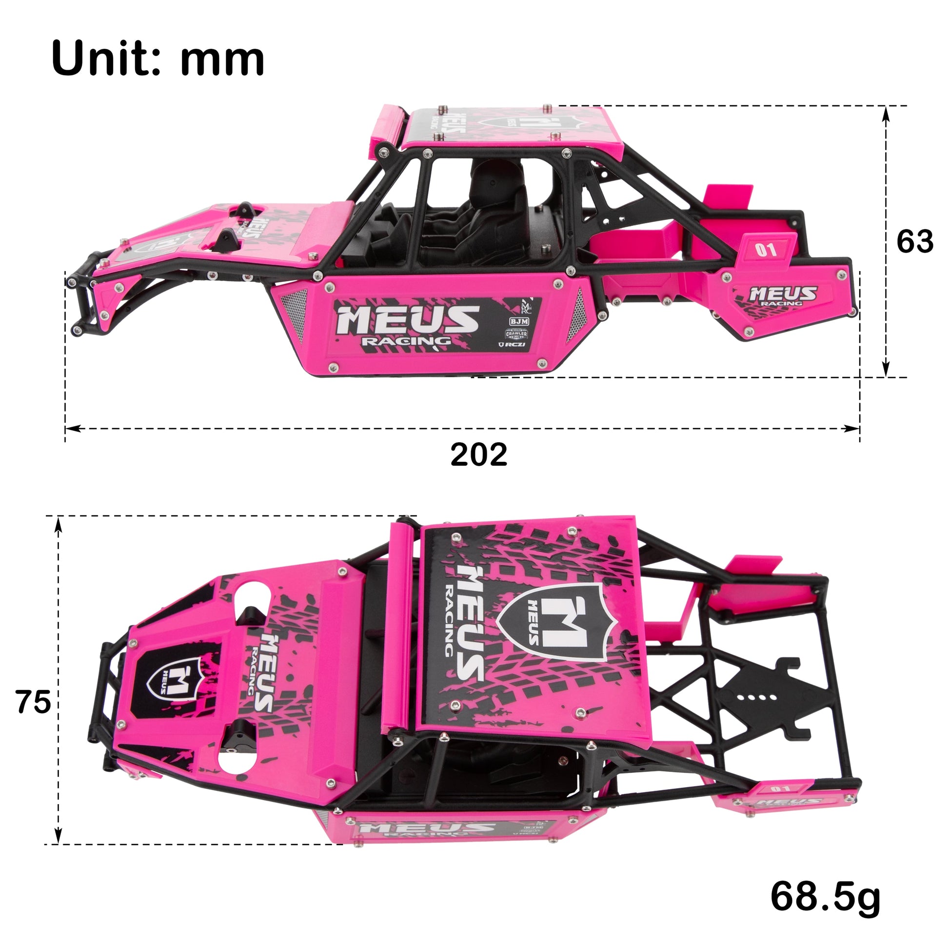 Pink SCX24 Mantis Roll Cage Chassis Body Shell Size