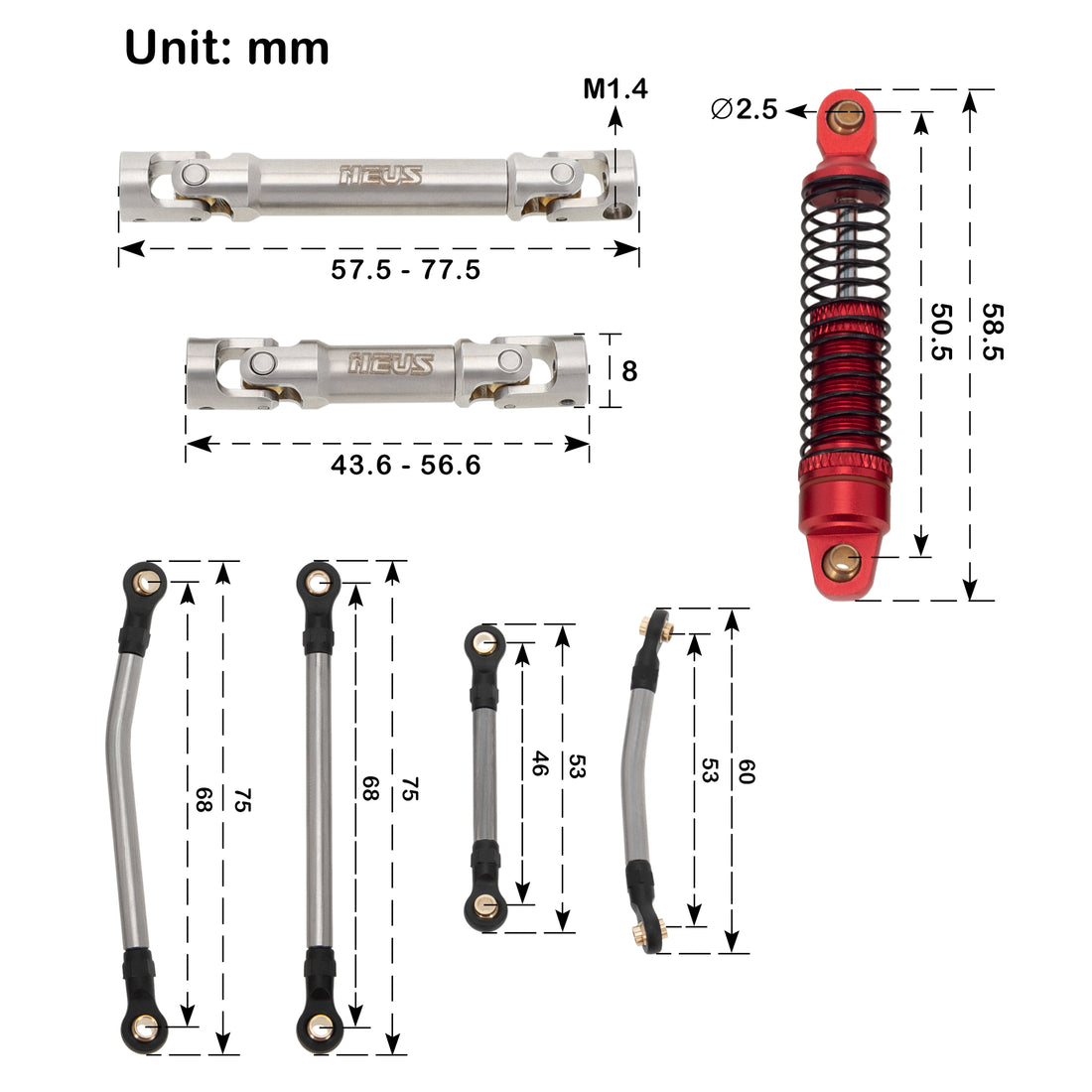 MEUS Racing TRX4M Connecting Rod Shock Absorber 55MM Drive Shaft Kit For 1/18 TRX4M Ripper Land Rover Bronco Crawler Upgrade