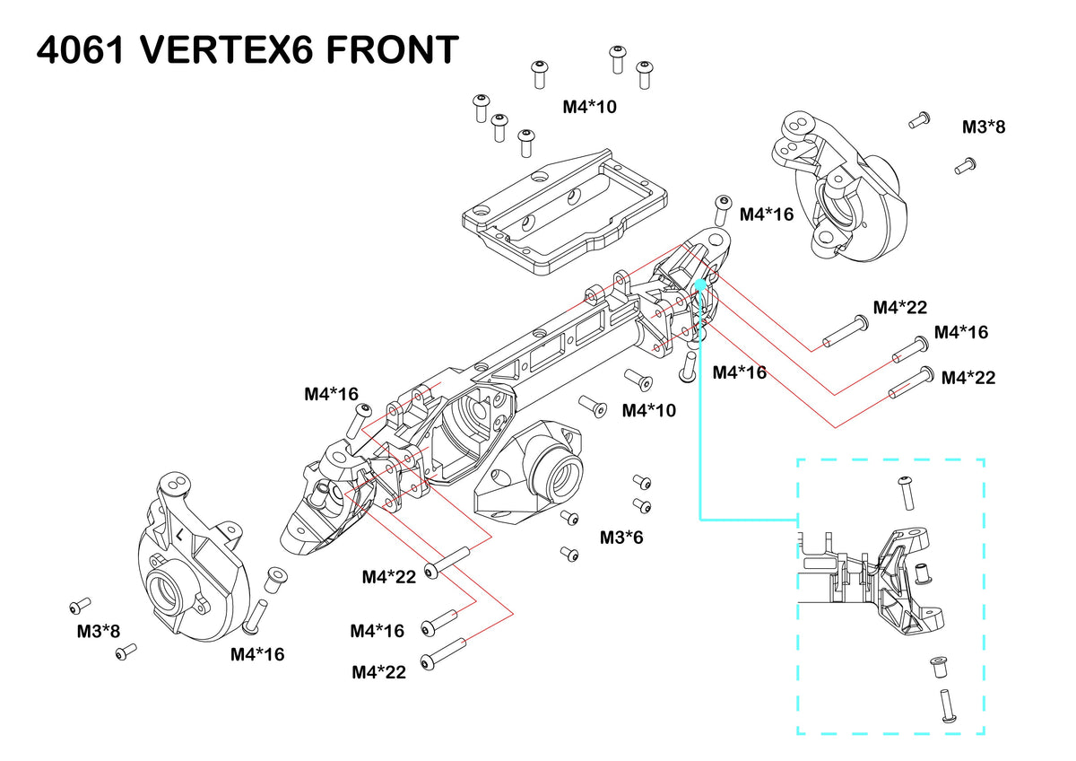 Redcat Vertex-6 front axle housing explored 