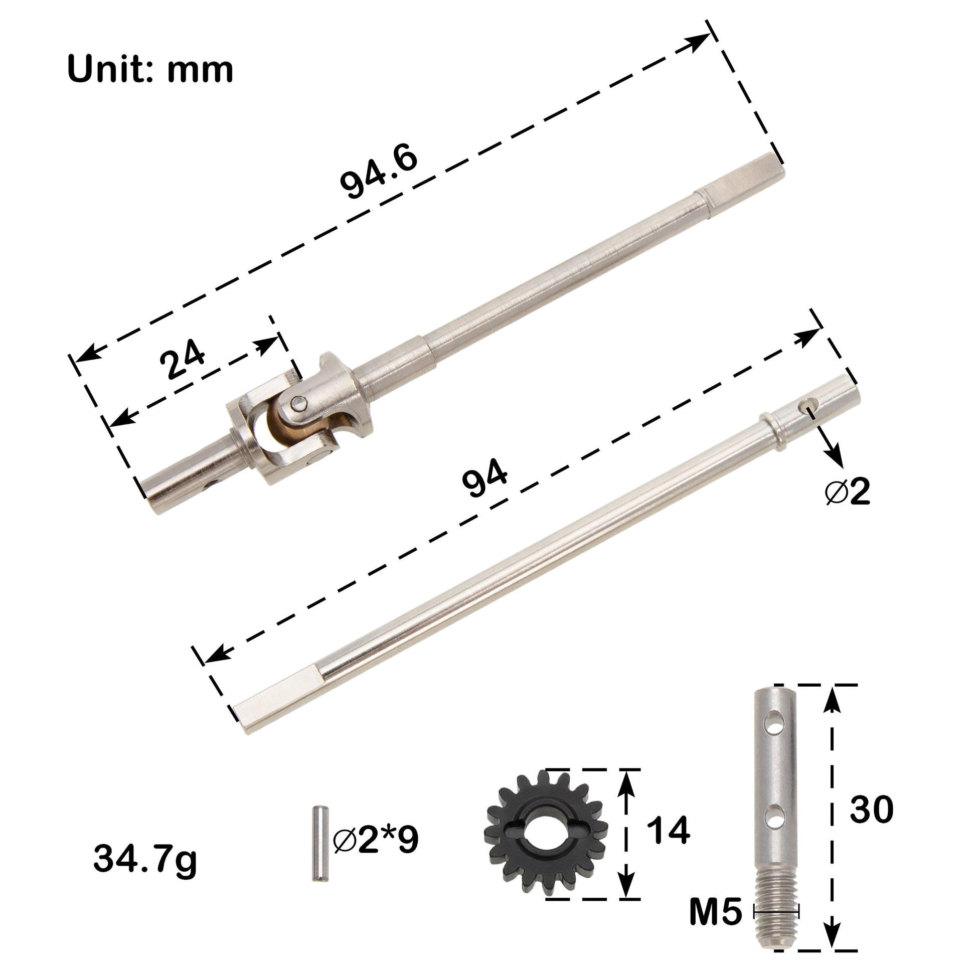 SCX10 Metal front rear CVD shafts size