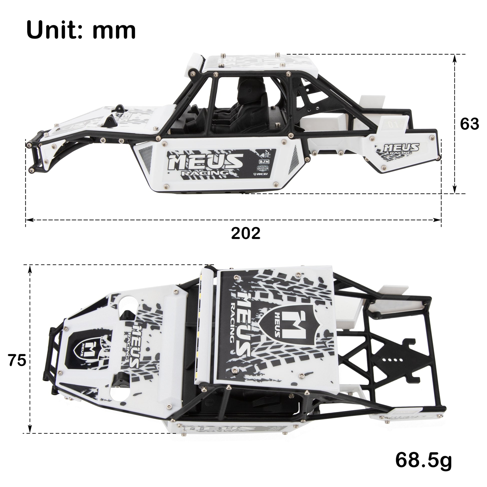 White SCX24 Mantis Roll Cage Chassis Body Shell Size
